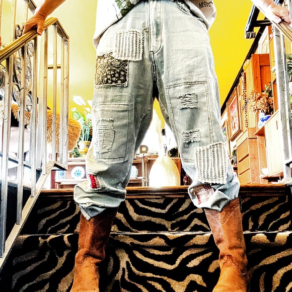 NEW 100% cotton shabby patchy farm worker jeans lagenlook boho patchwork denim - Picture 10 of 12